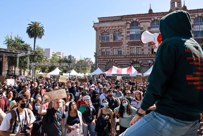 Demonstrators protest on April 18, 2024, over the cancellation of a speech by the school's valedictorian, Asna Tabassum, at the commencement ceremony, on the USC campus, in Los Angeles.

The University of Southern California said its valedictorian will no longer deliver a graduation speech this year, citing "substantial risks relating to security" over social media chatter surrounding the Israel-Hamas conflict.
