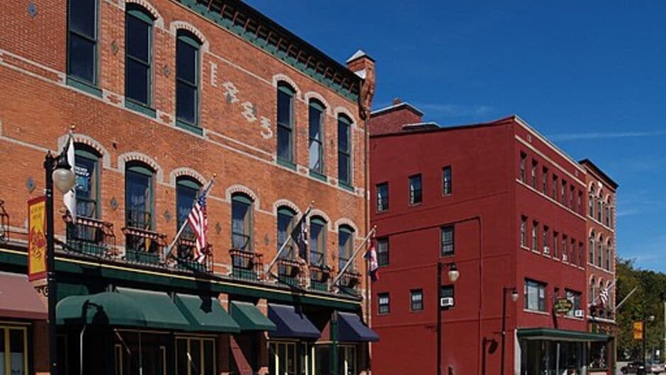 Brick buildings line a main street in Woonsocket, RI.