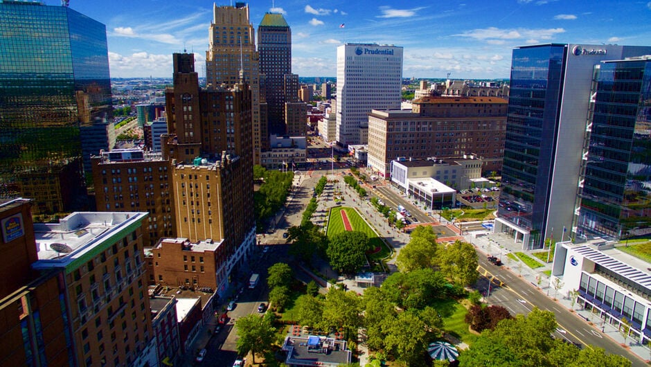 An aerial view of tall buildings in Military Park, located in Newark, New Jersey.