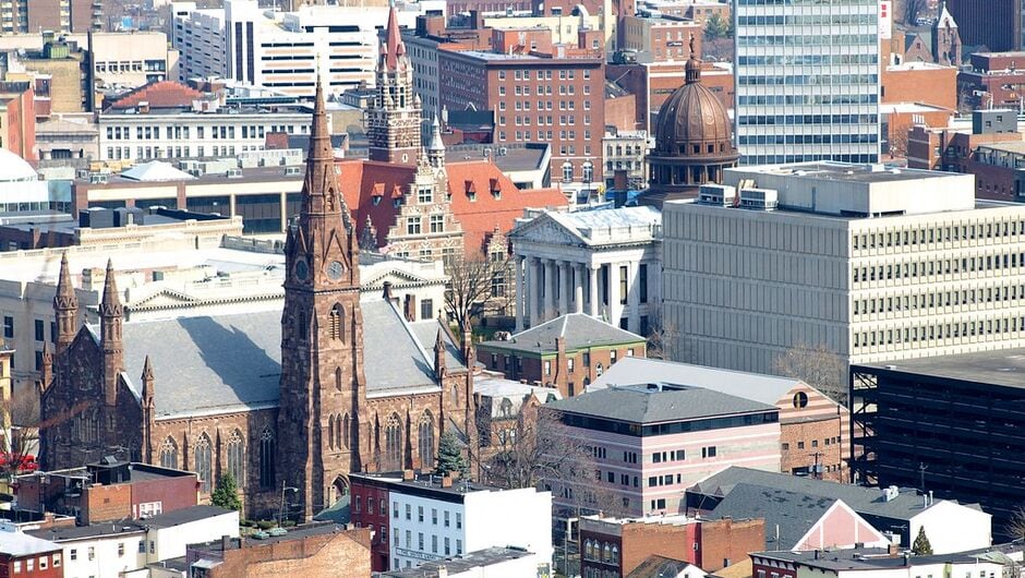 An aerial view of tall buildings in Paterson, New Jersey.