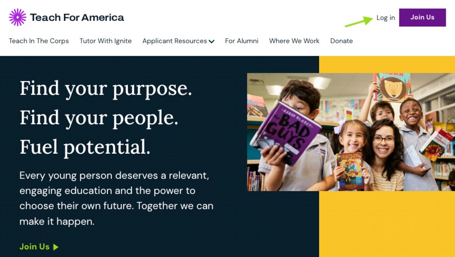 A screenshot of the tfa.org homepage showing the log in link.