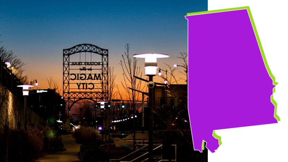 An image of a Birmingham neighborhood street at sunset overlaid with an Alabama state graphic.
