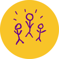 Illustration of three stick figures with happy lines above their heads