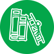 Illustration of a stick figure climbing a ladder to the top of giant books