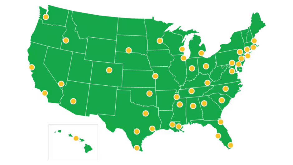 A green map with yellow dots indicating TFA regions.