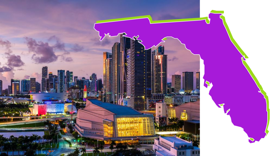 An image of Miami city skyline overlaid with a Florida state graphic.