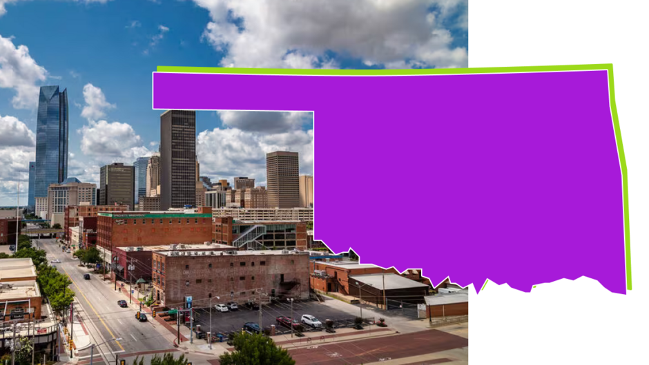 An image of a cityscape overlaid with an Oklahoma state graphic.