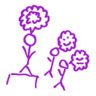 A hand-drawn icon with purple stick figures.