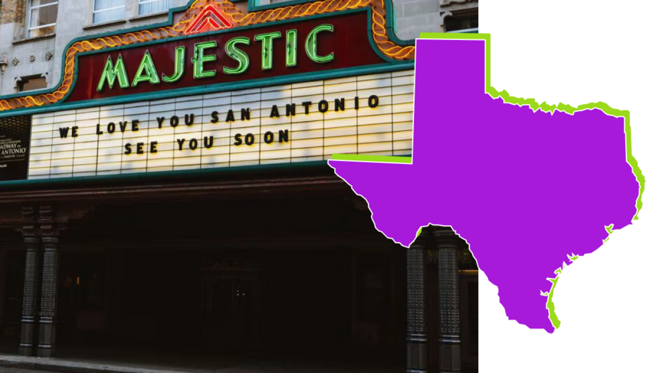 An image of a movie theater marquee overlaid with a Texas state graphic.
