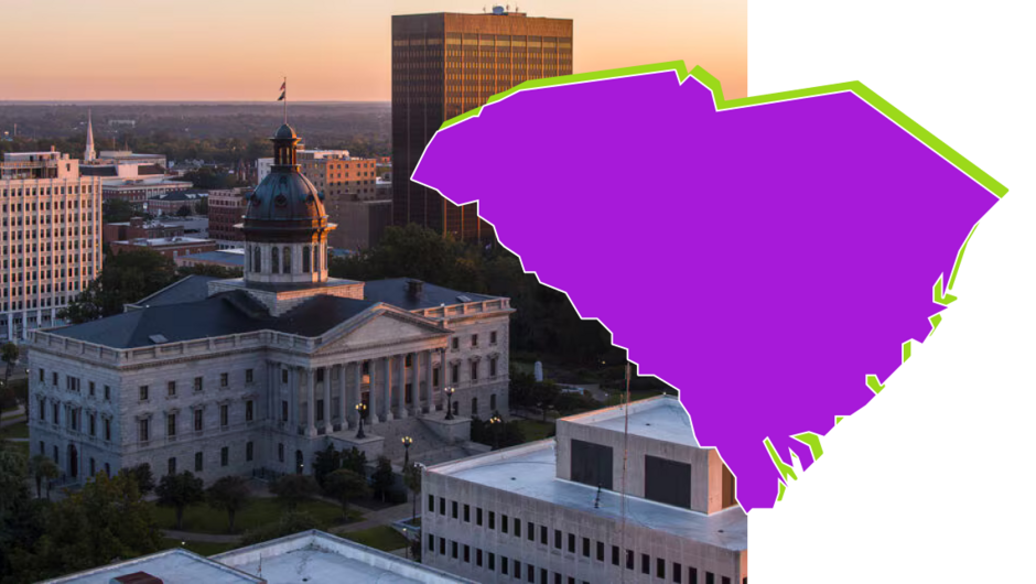 An image of a cityscape overlaid with a South Carolina state graphic.